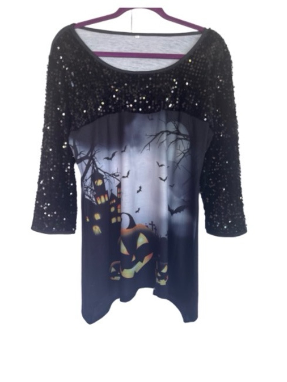 Sequin-Detail Halloween Graphic Scoop Neck Top - Black